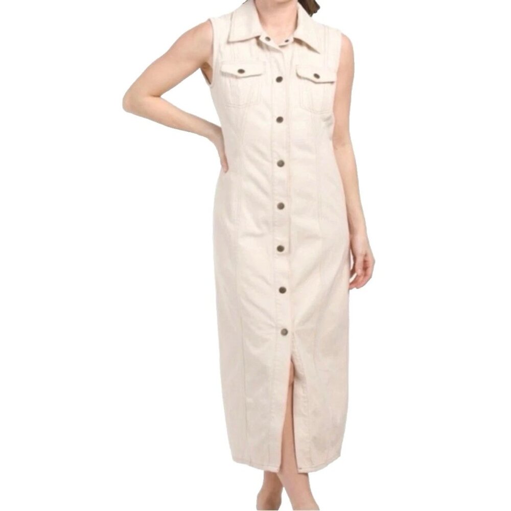 HOUSE OF HARLOW 1960 Cream Sleeveless Denim Midi Dress Sz M